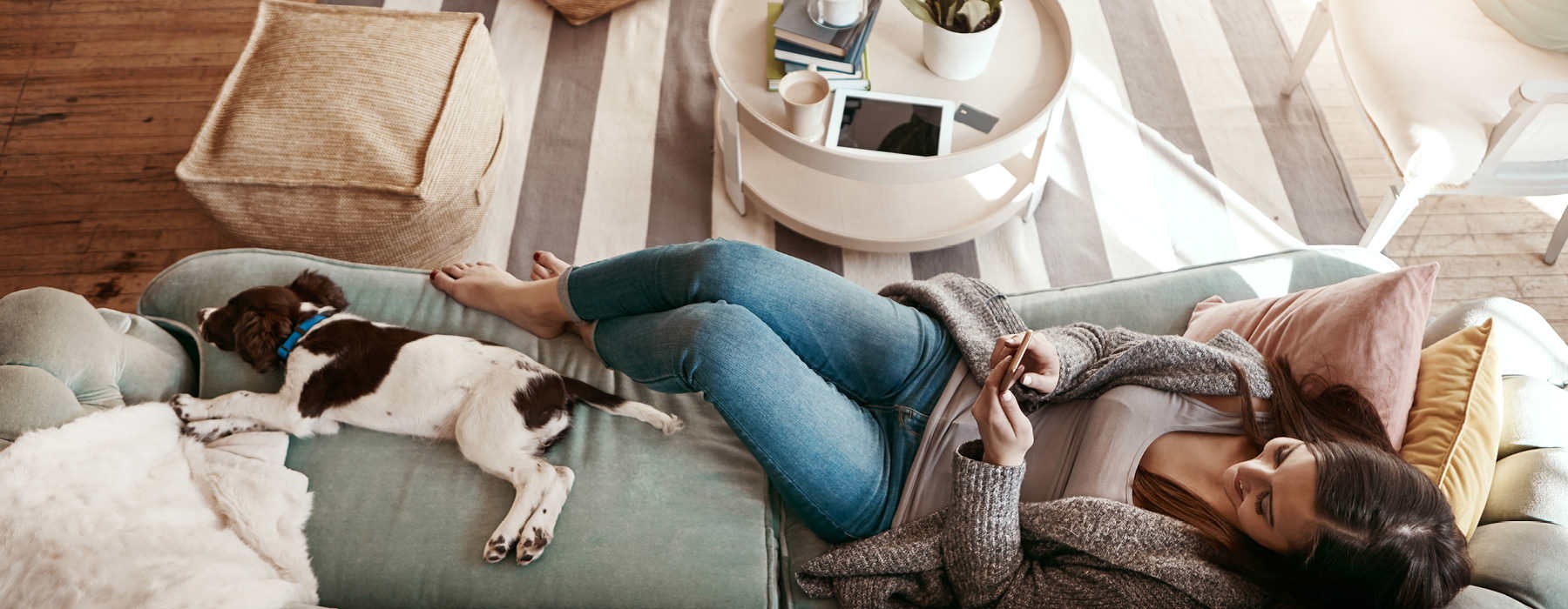 overhead shot of woman looking at her phone while lying on her couch next to her dog